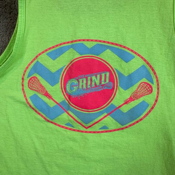 The Grind Lacrosse Tank Top Tee Neon Green Fruit of the Loom Heavy Cotton HD S - Picture 4 of 6